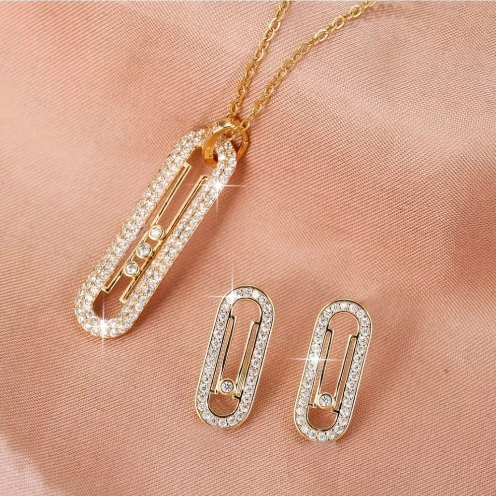 18K Gold Plated Geometrical Link Paperclip Diamond Necklace & Earrings